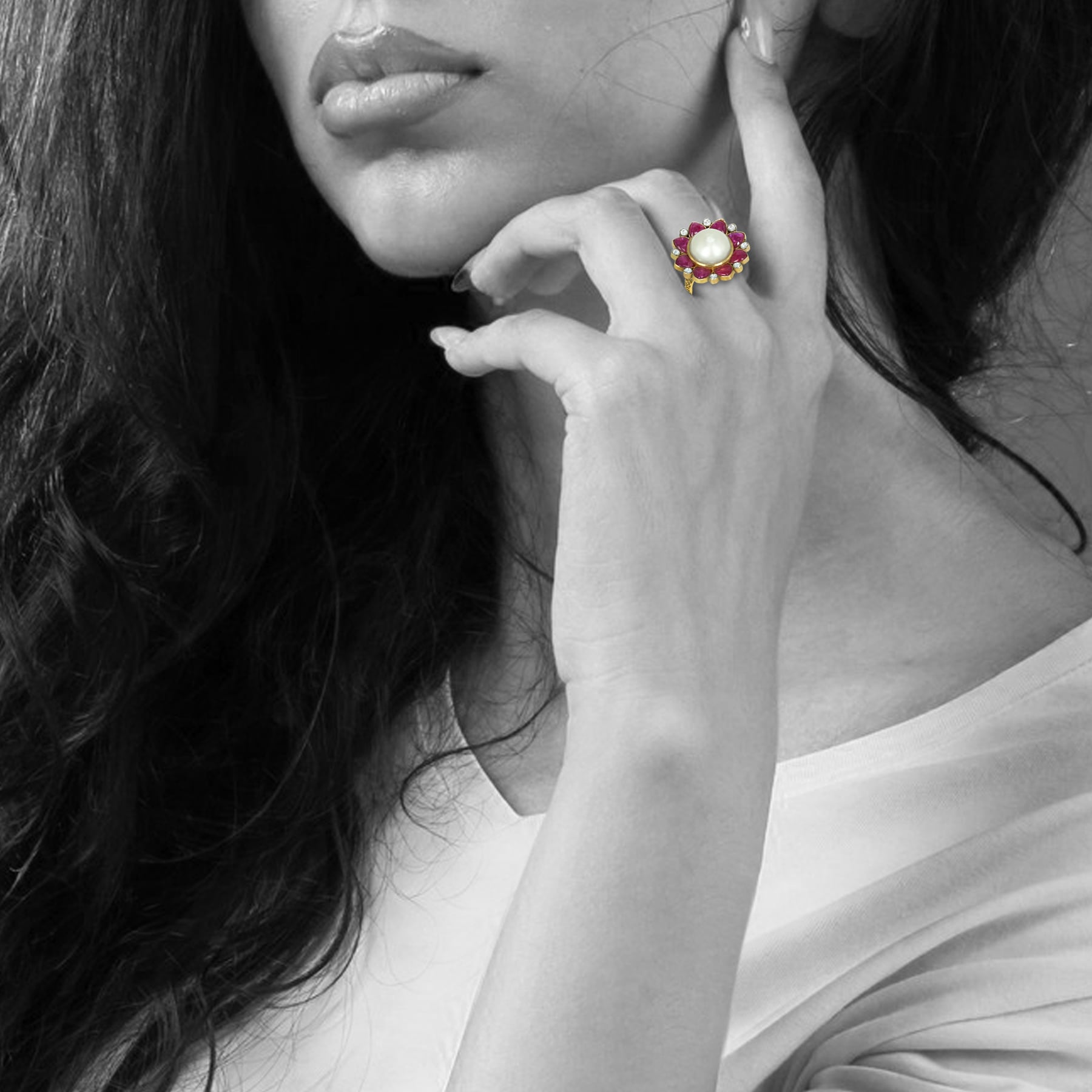 Pearl Ring with Ruby Halo and Diamond Accents